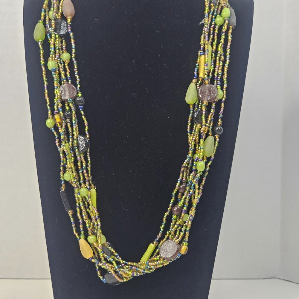Multi Strand Necklace Multicolor Lime Women Jewelry Seed Beaded Handcrafted - Picture 2 of 10